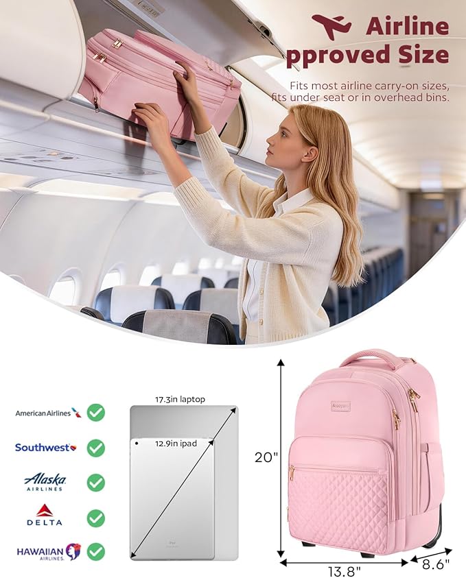 Arcoyard Rolling Backpack Carry On Luggage For Adults With Wheels, 40L Wheeled Backpack For Women, Travel Roller Backpack, Rolling Bag, Pink