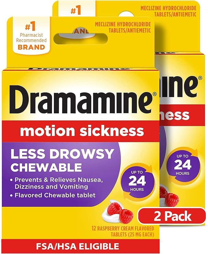 Dramamine Motion Sickness Less Drowsy, Chewables for Nausea Relief During Travel, Raspberry Cream Flavor, 12 Count, Pack of 2