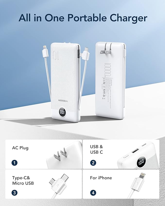 VEGER Portable Charger with Built-in AC Plug and Cables, All in One 10000mAh Ultra Slim Power Bank Travel Essentials, Fast Charging Battery Pack Compatible with iPhone, Samsung, Android, White
