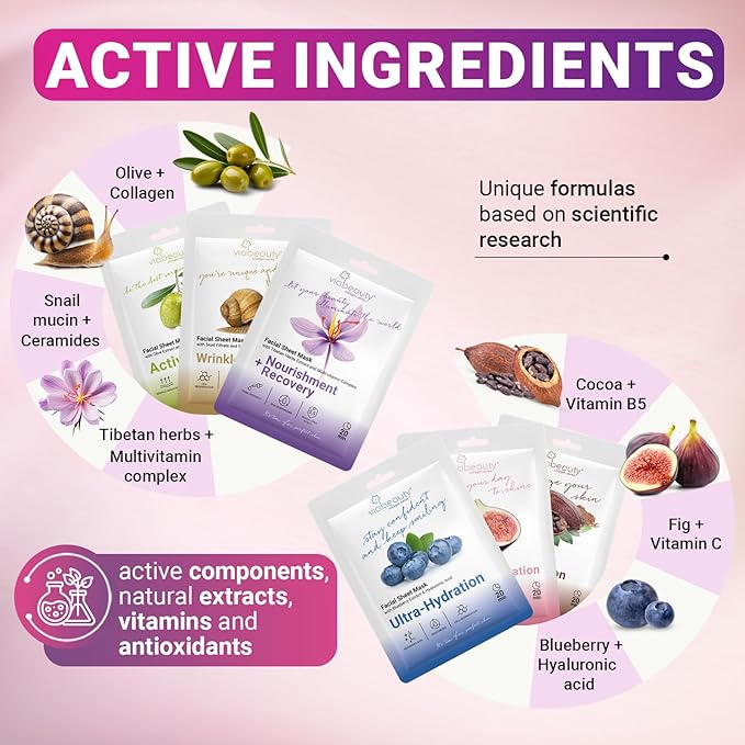 VIABEAUTY 12 Pack of Sheet Face Masks Skincare - Collagen Face Mask Sheets with Hyaluronic Acid, Vitamin C, Snail Mucin - Facial Sheet Mask for Hydrating, Rejuvenating, Moisturizing