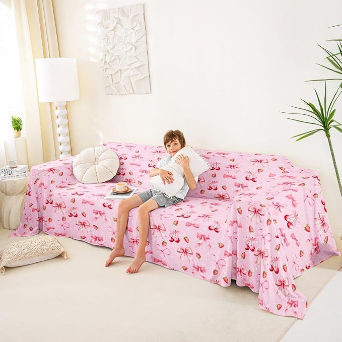 Pink Cherry Bow Couch Covers for 3 Cushion Couch Sofa Pet Friendly,Strawberry Seater Sofa Cover Slipcovers,Cute Ribbon Bowknot Kawaii Fruit Princess Bow Tie Cat Furniture Protector,91" x 118"