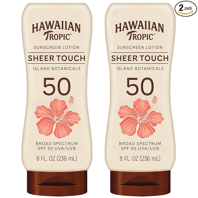 Hawaiian Tropic Sheer Touch Ultra Radiance Lotion Sunscreen SPF 50, 8 Fl Oz Twin Pack, Hawaiian Tropic Sunscreen SPF 50, Sunblock, Oxybenzone Free Sunscreen, Body Sunscreen Pack, 8 Fl Oz each