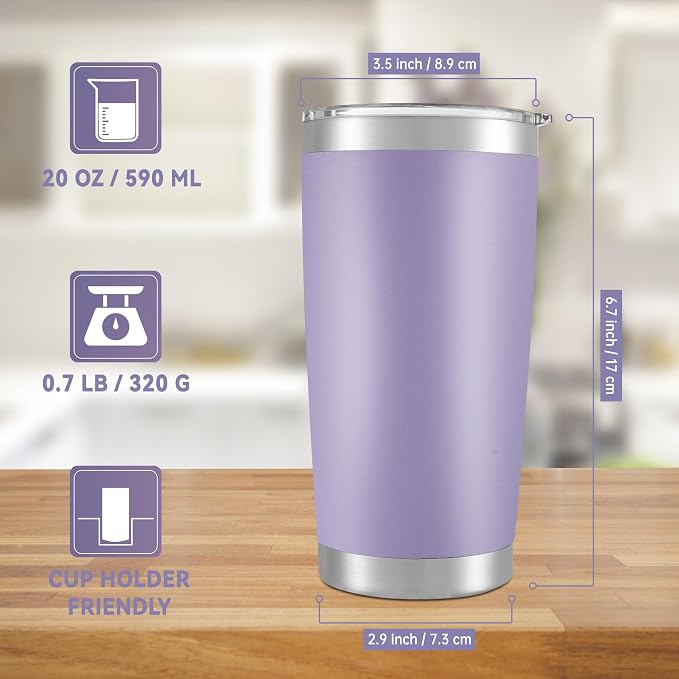 20 oz Tumblers Bulk Stainless Steel Tumbler with Lid Double Wall Vacuum Insulated Coffee Mug 20oz Powder Coated Cup for Hot and Cold Drinks, Purple, 6 pack