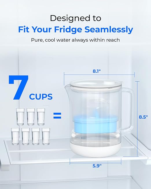 Waterdrop PT-72C-A Glass Alkaline Water Filter Pitcher, 7-Cup, Eco-Friendly, Enhances Alkaline Water, for Home & Office, Reduces PFOA/PFOS, Chlorine, Cadmium, Copper & Mercury, Clear