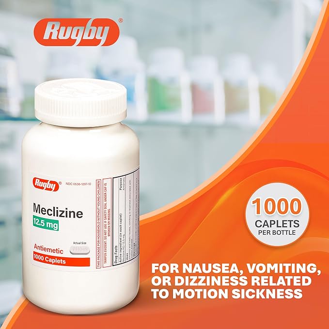 Rugby Meclizine 12.5 mg Antiemetic Caplets for Symptoms Related to Motion Sickness– Travel and Cruise Essentials, 1000 Caplets