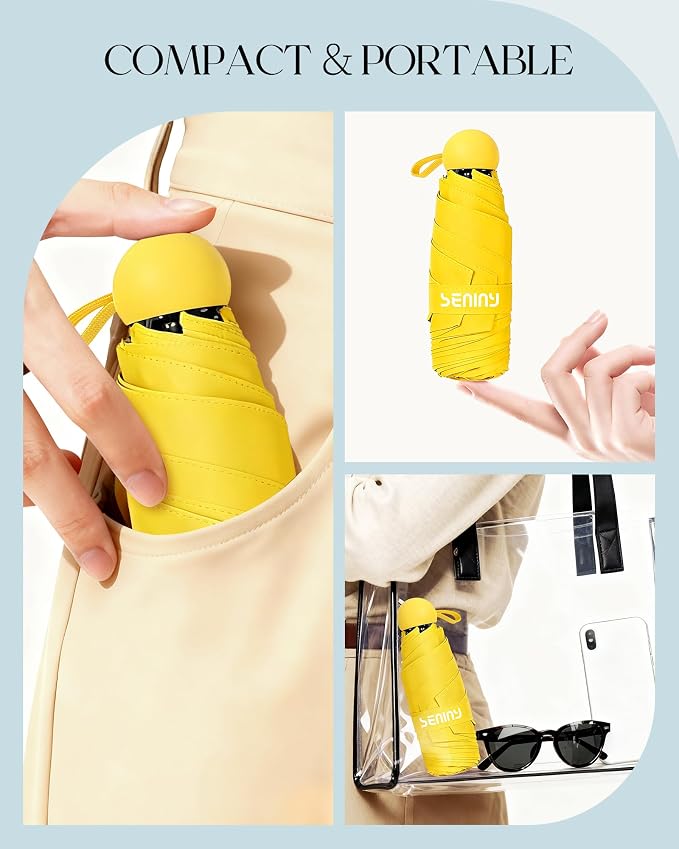 Seniny Mini Portable Travel Umbrella with Case - Compact Umbrellas for Rain & Sun UV Protection for Backpack Pocket, Lightweight Folding Small Umbrella, Tiny Purse Size UV Blocker for Kids Women Girls