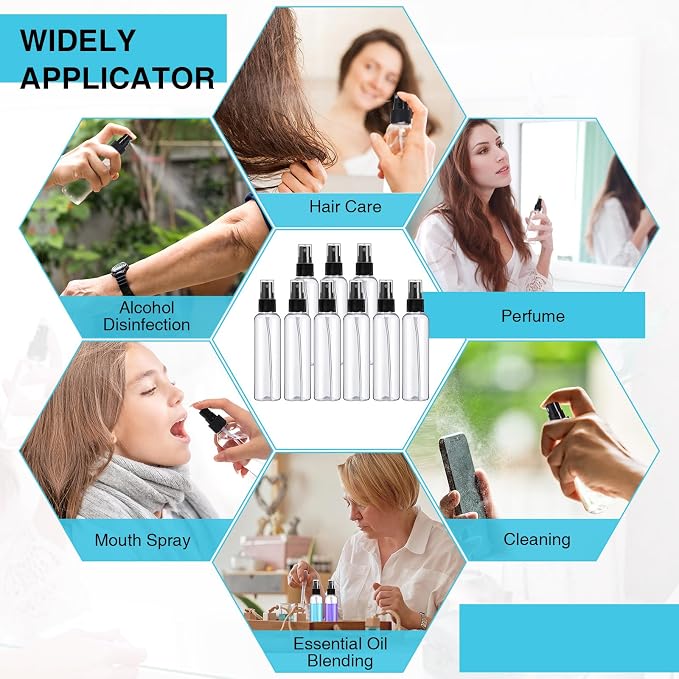 Kigley 100 Pcs Small Spray Bottle Bulk 4 oz Plastic Empty Mist Spray Bottles for Essential Oils Fine Mist Sprayer Reusable Refillable Portable Travel Containers for Perfume Cleaning Samples(Clear)