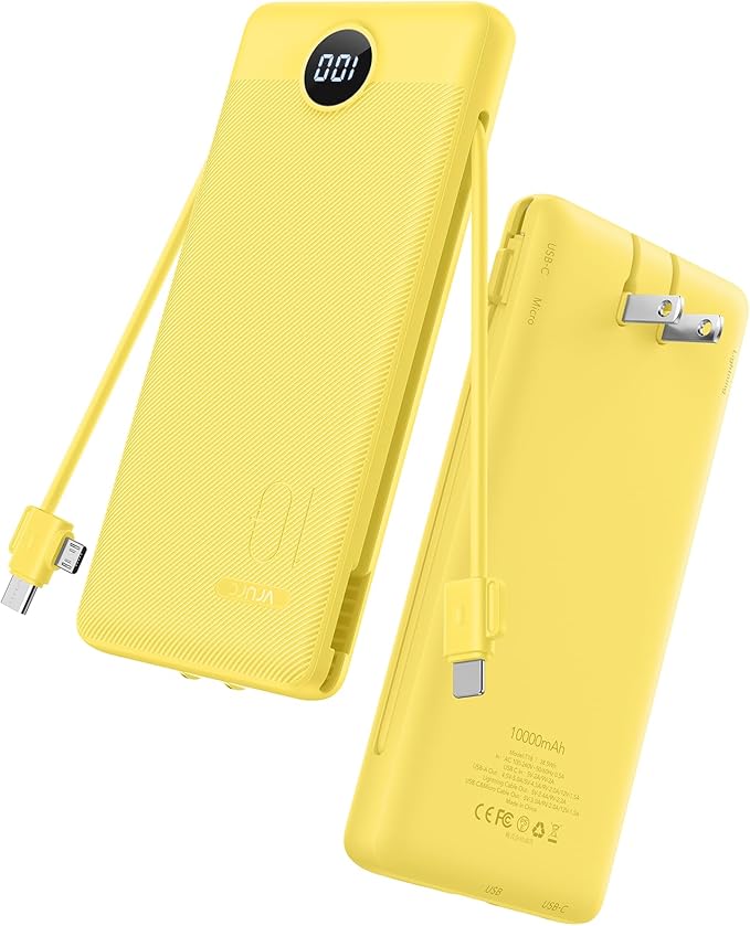 VRURC Portable Charger Power Bank - 10000mAh Fast Charging 22.5W PD 20W Slim Portable Charger Built in Cables Power Bank with Cords,USB C Portable Phone Charger Travel Accessories -Yellow