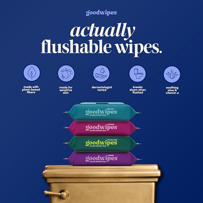 goodwipes Flushable Wipes - Cedar Wet Wipes for Adults, Sewer & Septic Safe, Guest Bathroom Essentials for Women & Men, pH Balanced & Extra Large, 153 Count (3 Packs and 3 Singles)