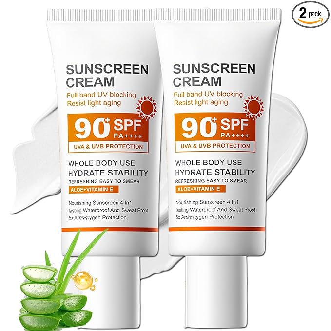 SPF 90+ Sunscreen Cream 2 Pack, Broad Spectrum UVA/UVB Protection Face & Body Sun Lotion with Aloe Vera & Vitamin E, Lightweight, Non-Greasy, Water & Sweat Resistant Daily Sun Defense