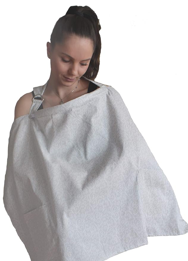 Nursing Cover Apron for Breastfeeding Privacy Soft with Rigid Neckline Adjustable Strap Cotton with Travel Bag in Grey Swirls