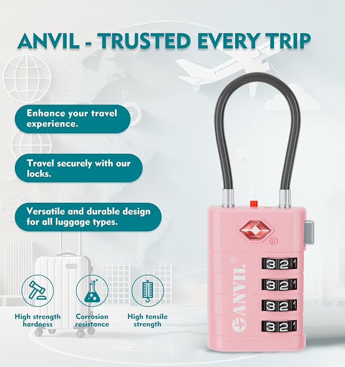 ANVIL TSA Approved Luggage Locks with Search Alert Indicator, 4-Digit Combination Suitcase Lock, Advanced TSA008 Core Heavy Duty Anti-Theft Travel Lock for Double Zippers, Backpacks
