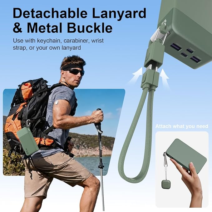 NOBIS Portable Charger 20000mAh, 45W Power Bank Fast Charging, 4-Output Battery Pack w/Detachable Dual Type-C Lanyard Cable & Hook, Battery Bank w/Digital Display for Phone, Laptop, Steam Deck