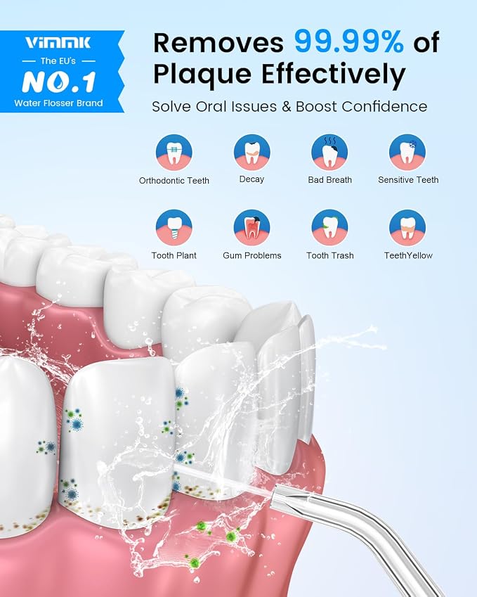 VIMMK Water Flosser, Cordless Water Dental Flosser, 9 Jet Tips 5 Modes 300ML IPX7 Waterproof, Portable Rechargeable Oral Irrigator for Home Travel - Gums, Orthodontic, Braces Care (White)