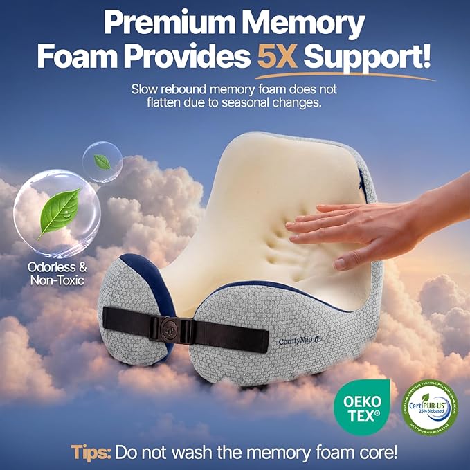 ComfyNap® Versatile Travel Neck Pillow for Airplane [Patented], 9 Positions in 3 Techniques, Plane Pillow with Pure Memory Foam, Travel Pillow with HeadRest Flight Sleep, Travel Essential - Earth