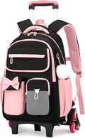 Rolling Backpack for Girls Kids Trolley Rolling School Bag Wheeled Backpack for Elementary School Roller Bookbags on 6 Wheels, Black Pink