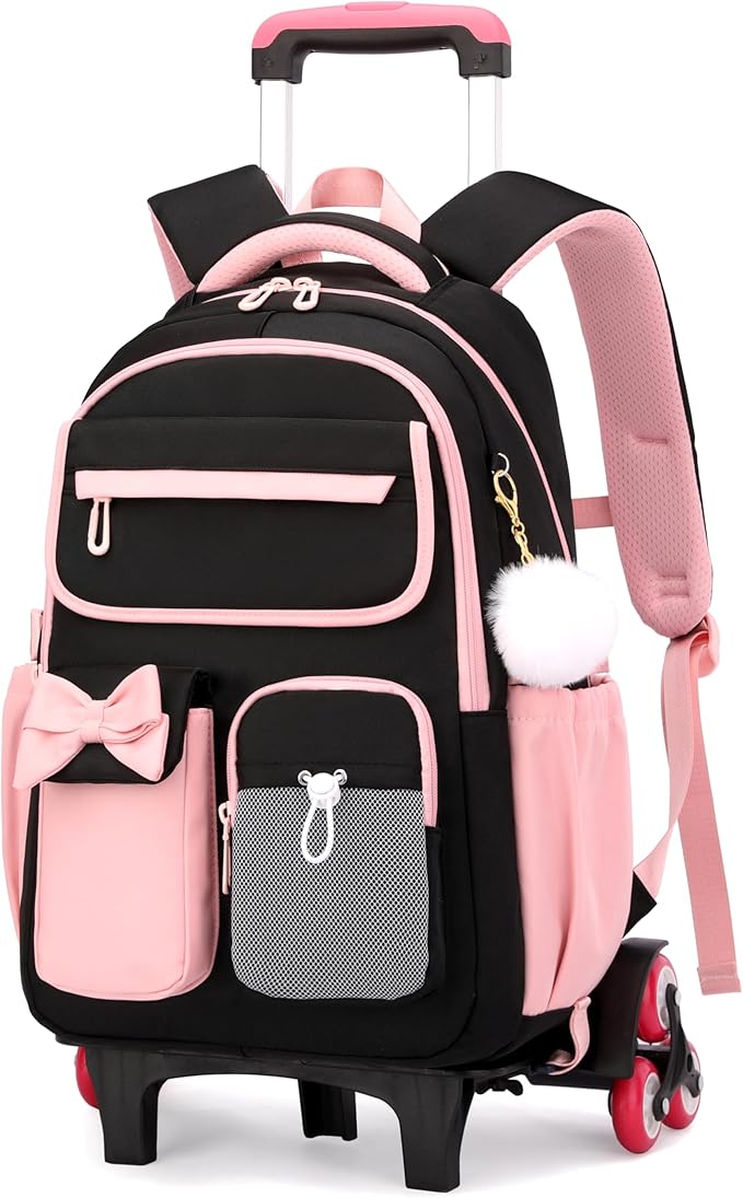 Rolling Backpack for Girls Kids Trolley Rolling School Bag Wheeled Backpack for Elementary School Roller Bookbags on 6 Wheels, Black Pink