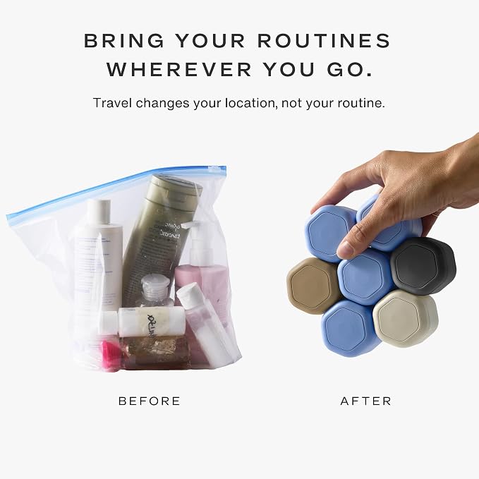 Cadence Travel Containers - 6 Piece Haircare Set - Magnetic Travel Capsules - 2 Small & 4 Medium Capsules - Shampoo, Conditioner, Leave-In Conditioner, Comb, Hair Serum, Hair Gel Labels - Petal