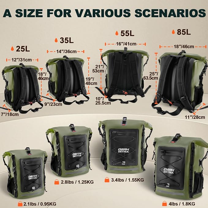 OSAH DRYPAK Waterproof Backpack Dry Bag 25L/35L/55L/85L – Heavy Duty Roll-Top Hiking Backpack Sack Keeps Gear Dry for Travel, Kayaking, Boating, Camping, Rafting and Fishing
