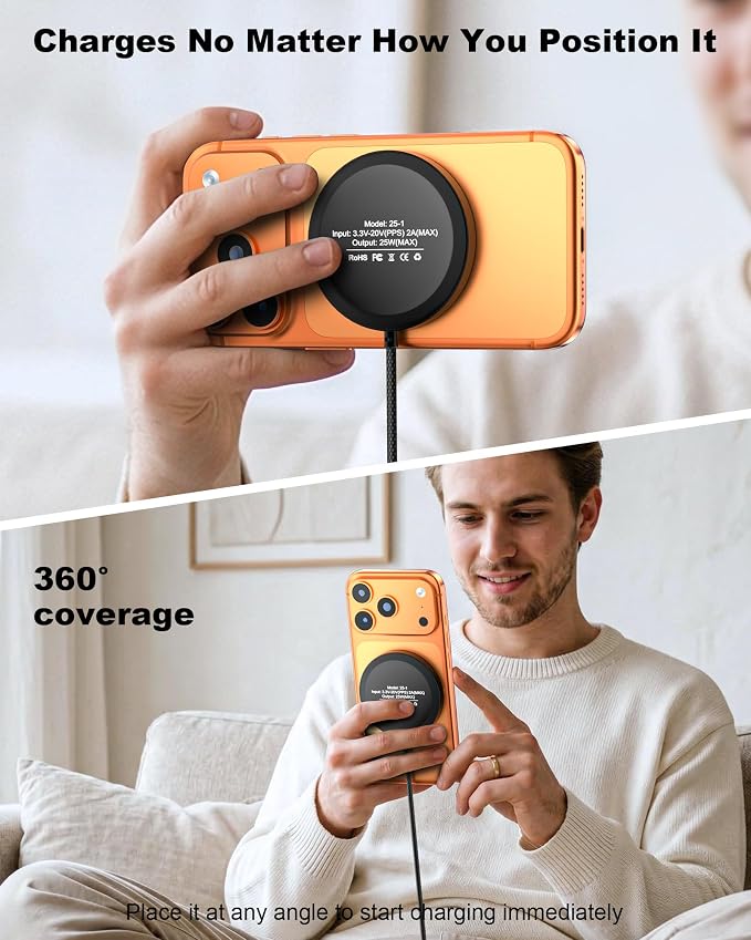 ZBF 25W Magnetic Wireless Charging Pad | USB-C for iPhone Samsung | Ultra-thin Strong Magnet,Fast Charging For Desk/Travel/Bedside/Office,Works with iPhone 17-12 & Samsung S26/S25,MagSafe