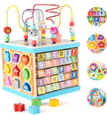 Qilay 5-in-1 Wooden Activity Cube for Toddlers 1-3(Large),Multipurpose Toddler Activity Center with Bead Maze & Shape Sorter, Early Educational Toy First Birthday Present for Boys Girls