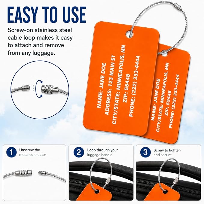 Personalized Acrylic Luggage Tags Set – Custom Engraved Name & Address ID Tags for Suitcases, Carry-On Bags & Backpacks – Bright High Visibility Heavy Duty Travel Bag Tags with Wire Ring Loops (8)