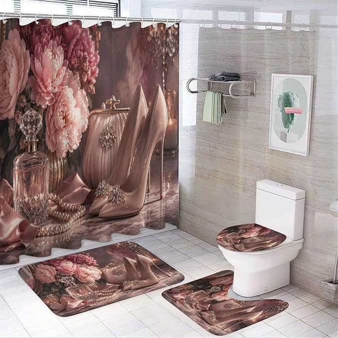 Pink Floral Heels and Accessories Bathroom Rug Set 4 Piece with Shower Curtain Non Slip Bath Mat Set Microfiber Bathroom Decor Toilet Lid Cover U Shape Rug Waterproof Bathroom Accessories