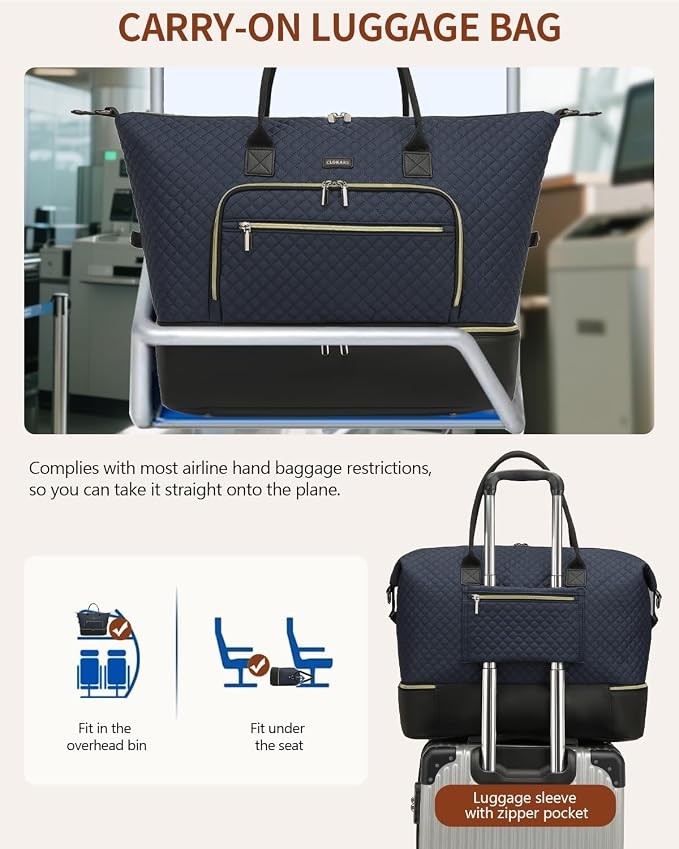 Weekender Bags for Women Travel, Under Seat Carry On Bags for Airplanes Overnight Bag with Shoe Compartment Luggage Sleeve, Foldie Travel Tote Bag Hospital Bag, Travel Gifts, Navy Black