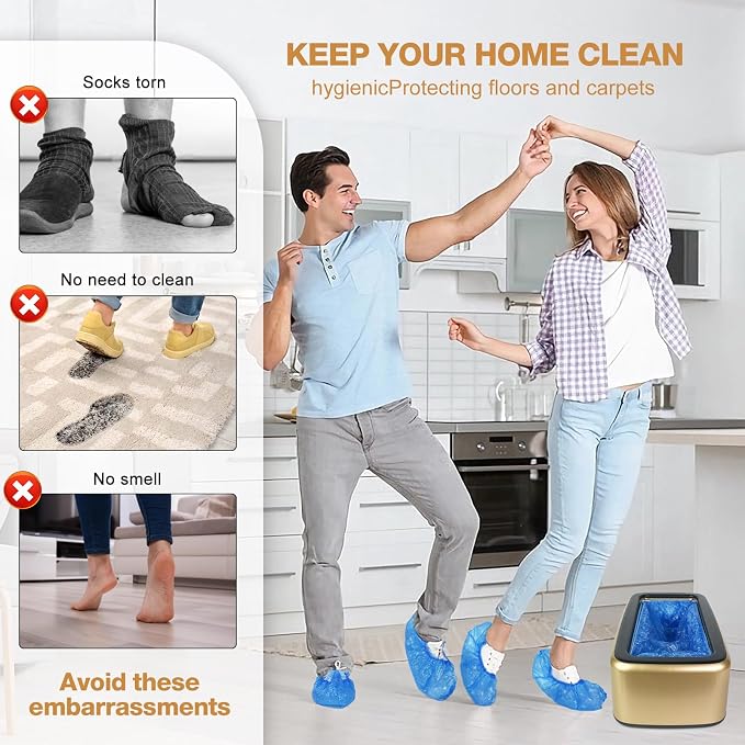 Shoe Cover Dispenser Containing 200pcs Shoe Covers Disposable Non Slip High Quality Automatic Shoe Cover Machine with Disposable Shoe Covers for Indoors for Most Occasion Shoes Size(Gold-black, L)