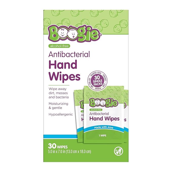Boogie Antibacterial Hand Wipes - 30 Count - Hypoallergenic & Alcohol-Free - Individually Wrapped - Travel and Diaper Bag Essential