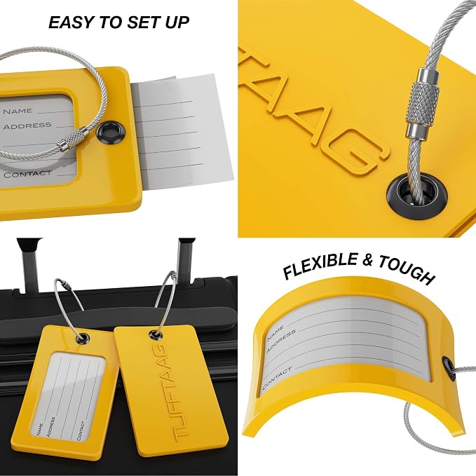 Luggage Tags Business Card Holder by TUFFTAAG - Flexible PVC Travel ID Bag Tag, Yellow, 2 Pack