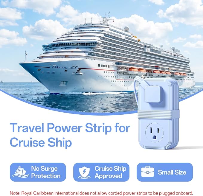 Travel Power Strip, SMALLRT Extension Cord with Multiple Outlets, 6.5FT Wrapped Extension Flat Plug Power Strip with 4 AC Outlets for Travel, Hotel, Cruise Approved, No Surge Protection, Blue