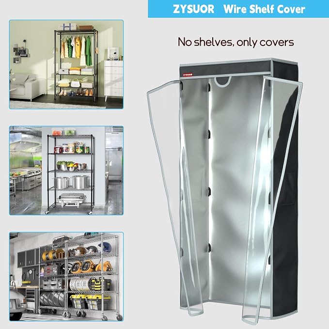 Waterproof Dustproof Shelf Cover for Wire Rack, Shelving Cover with Clear Front Window & T-Shaped Zipper Access, Fits 48" W x 18" D x 72" H Shelves for Garage, Basement & Inventory (No Shelves)