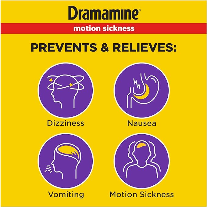 Dramamine Motion Sickness Less Drowsy, Chewables for Nausea Relief During Travel, Raspberry Cream Flavor, 12 Count, Pack of 2