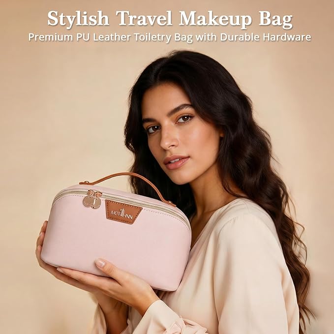 Travel Makeup Bag for Women: 3-in-1 Large Capacity Cosmetics Organizer with 2 Detachable Pouch - Vegan Leather Flat Open Toiletry Bag - Travel Essentials for Full-Sized Bottles(White)