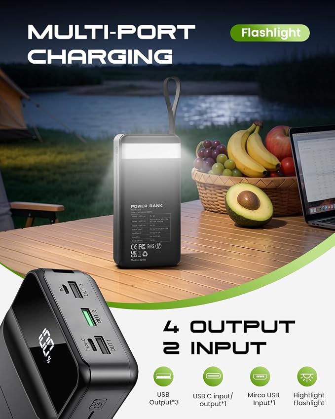 Nuxgal Power 60000mAh high-Capacity Fast-Charging Power Bank, Multiple Output Ports, Digital Battery Level Display, Multi-Functional Outdoor Camping Power Bank, Compatible with Multiple Devices