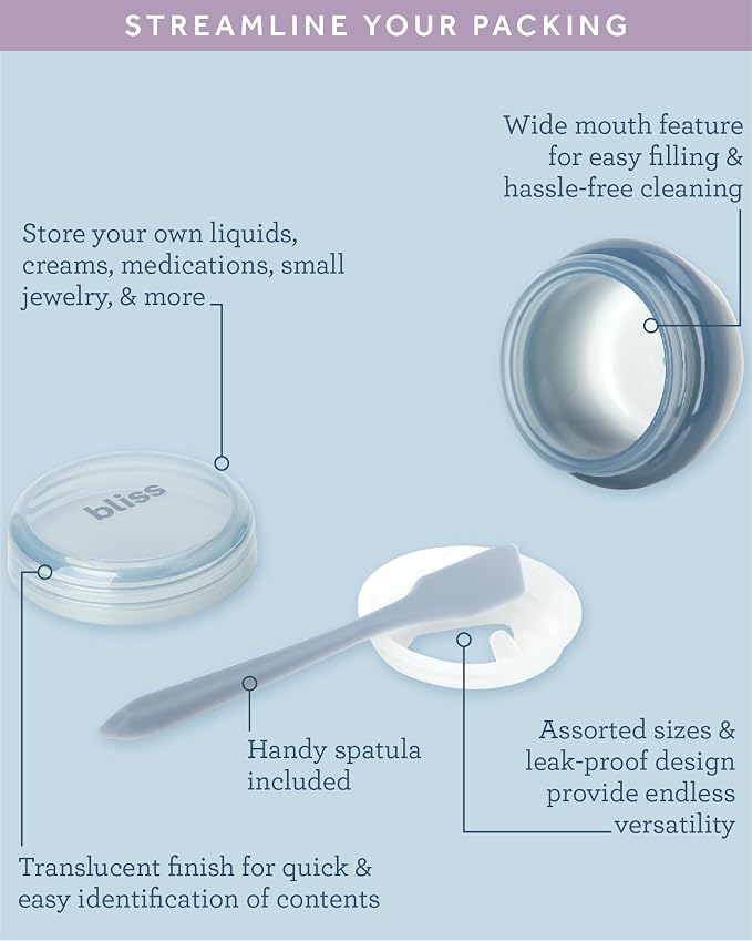 Bliss Travel Bottles Set - 10PC TSA Approved Leak Proof Refillable Travel Size Toiletries Containers for Shampoo Conditioner Lotion & Skincare, Size One Size, Denim Blue