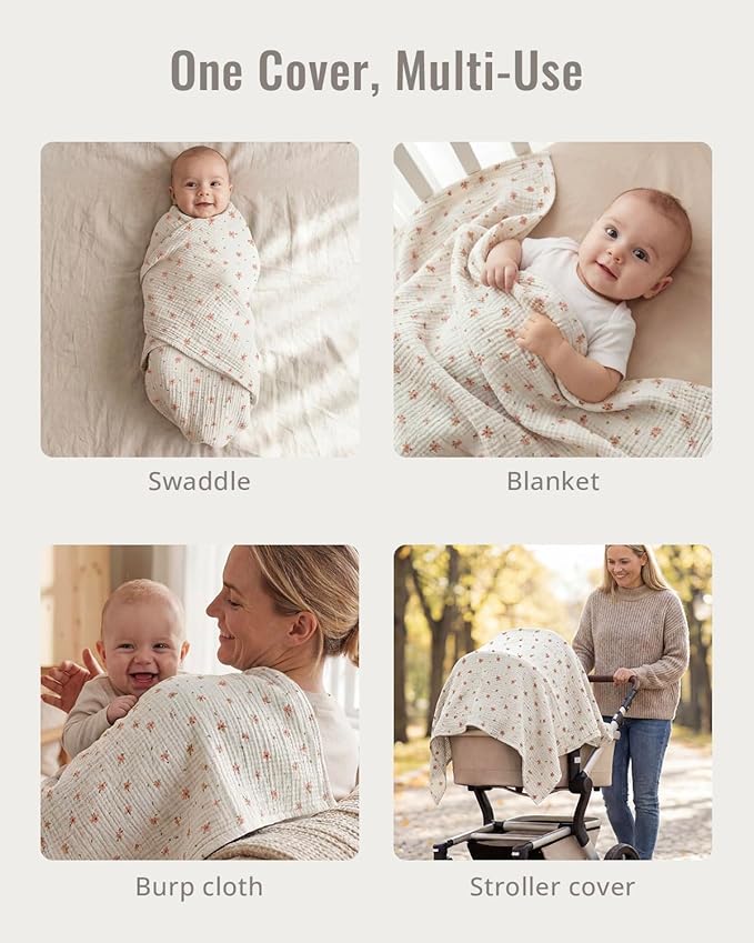 Blissful Diary Muslin Multi-Use Cloth - 4-in-1 Privacy Nursing Cover, Swaddle Blanket, Car Seat Cover, Burp Cloth, Portable Breastfeeding Essentials for Women, Baby Must Have (Pink Floral)