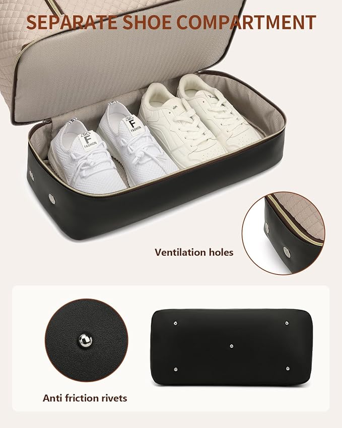 Weekender Bags for Women Travel, Under Seat Carry On Bags for Airplanes Overnight Bag with Shoe Compartment Luggage Sleeve, Foldie Travel Tote Bag Hospital Bag, Travel Gifts, Nude Black