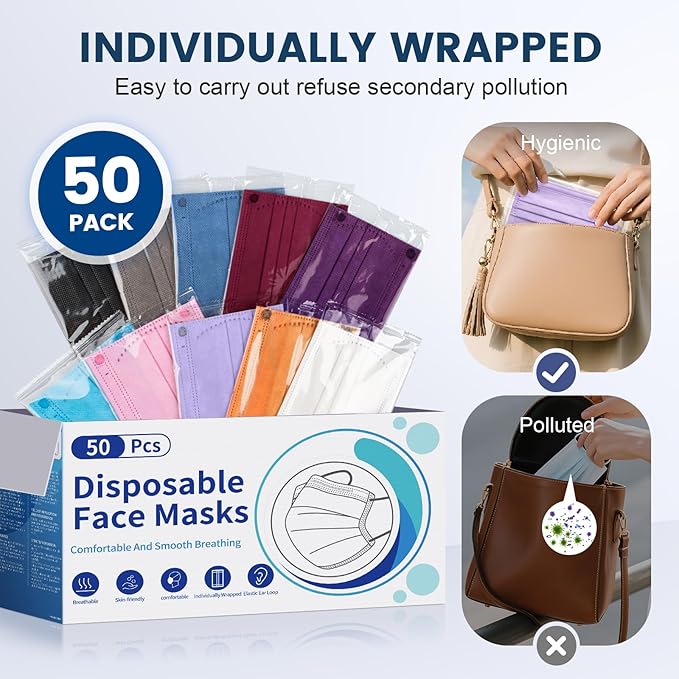 Disposable Face Mask for Adults - 4 Ply Protection, Individually Wrapped 50 Pack, 10 Colors, Breathable Comfortable & Safe