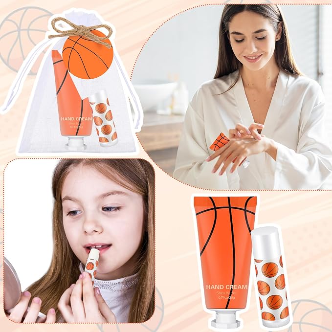 144 Pcs Basketball Lip Balm Hand Cream Set Party Favors, Include 36 Basketball Lip Balm 36 Moisturizing Hand Cream 36 Bags 36 Orange Gift Cards and Ropes for Man Women Accessories Gifts