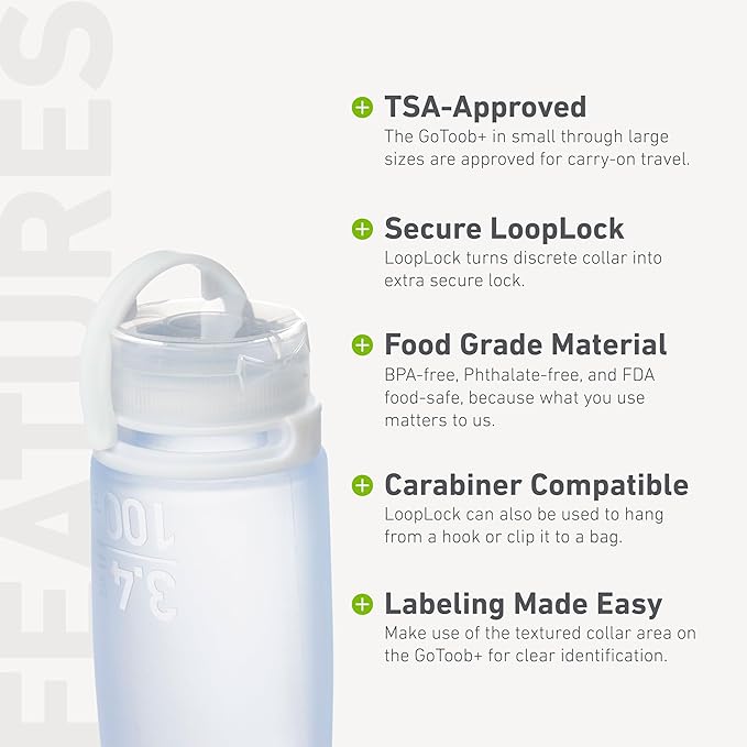 humangear GoToob+ Bottles - Silicone Leak-Proof Travel Tubes for Toiletries, Camping & TSA Carry-On (3-Pack), Large (3.4 fl oz; 100ml), Clear/Green/Blue