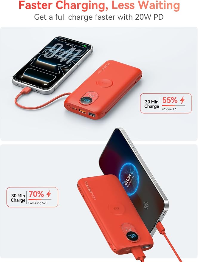 Portable Charger, 10000mAh 20W Fast Charging Power Bank with Built in Cables & AC Wall Plug & LED Display, Travel Essentials Battery Pack Powerbank for iPhone, iPad, iWatch, Samsung, Red