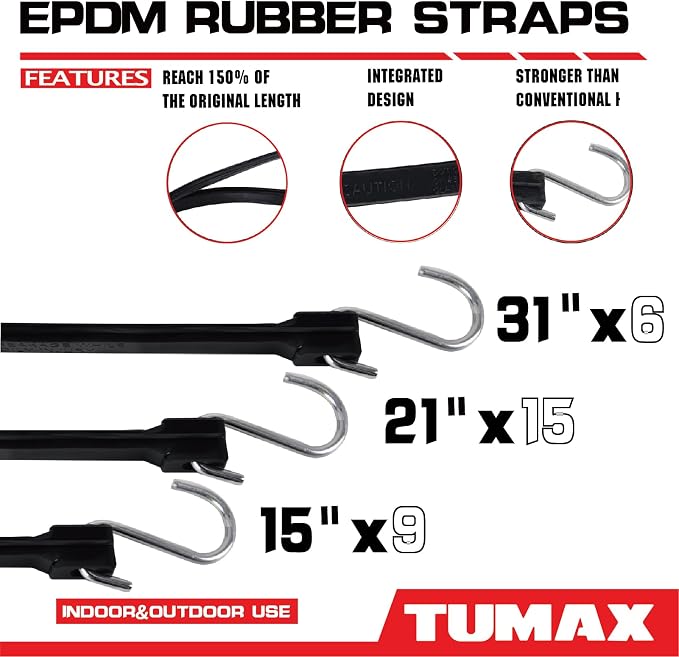 30PCS Rubber Tarp Straps Assorted Sizes with 150% Max Stretch, 100% EPDM Bungee Cords with Hooks, Ideal for Securing Tarps, Cargo, Canvases, 15", 21", 31"