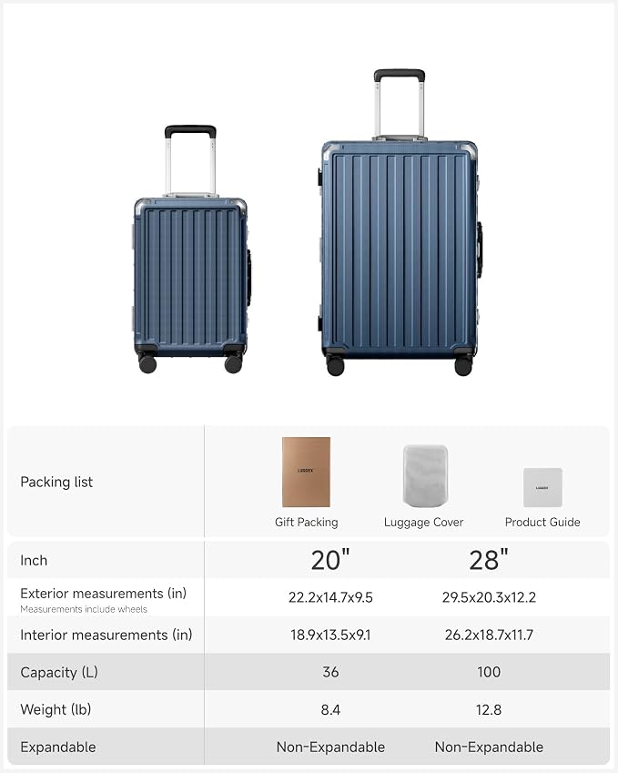 Luggage Sets with Spinner Wheels, 8010S Aluminum Frame Zipperless Polycarbonate Hard Shell Suitcase Sets (ZX-Core, Blue, 2 Piece (20/28))