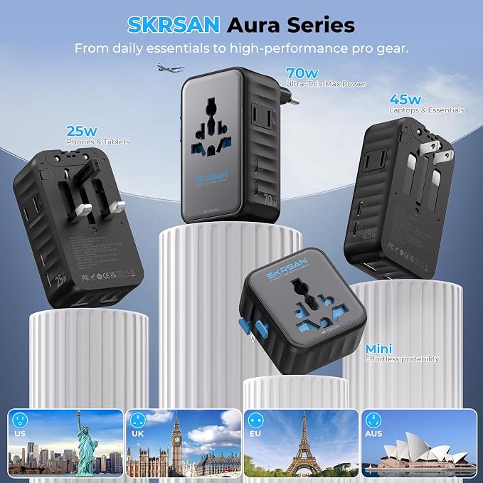 Aura Ultra-Thin International Travel Adapter PD 25W, Minimalist 36mm Slim 6-Port Charger with Smart Temperature Control, Universal Power Plug for Home & Trip, 200+ Countries (Midnight Black)
