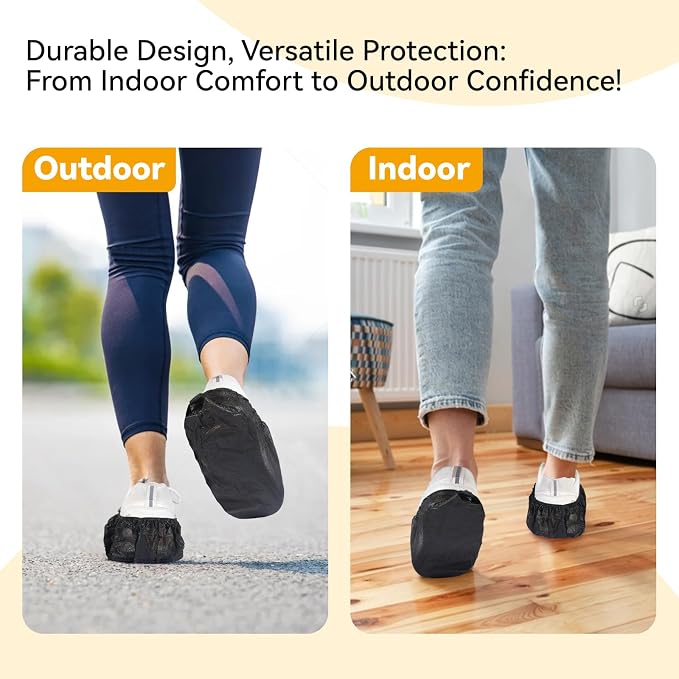 LYSHIYI 100Pcs Shoe Covers Disposable Non Slip, Large Size Non-Woven Boot Covers, Breathable and Durable, Fits US Men 6-14 Size, Reusable Slip-Resistant Booties for Indoors (Black)