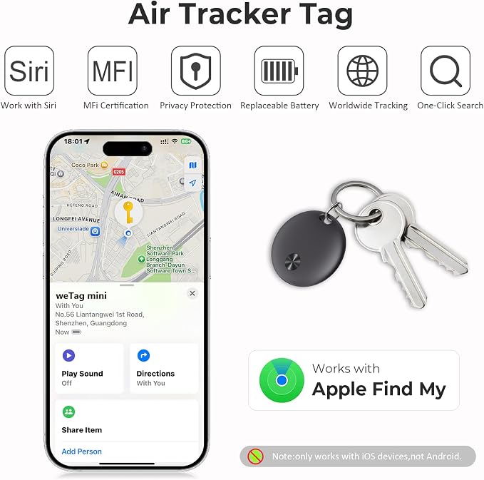 Tracker Tags- 4 Pack, Bluetooth Trackers Works with Apple Find My APP (iOS Only), 92 dB Sound, Replaceable Battery, Smart Tracking Tag Keys Finder and Item Locator for Keys, Bags, Luggage, Wallet, etc