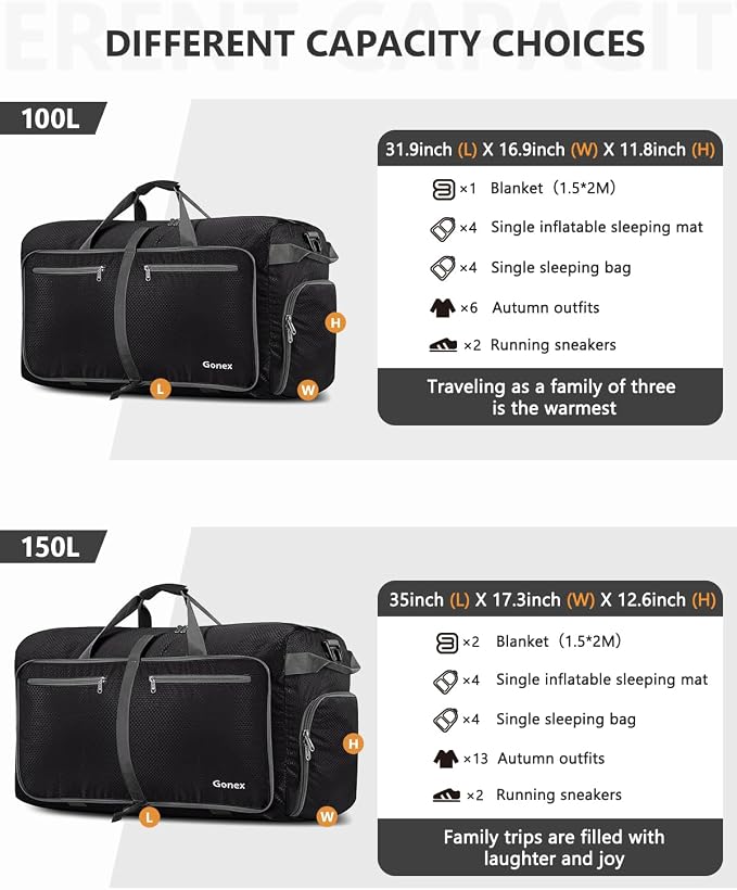 Gonex Large Foldable Travel Duffle Bag with Shoes Compartment, Packable Lightweight Water Repellent Duffel Bag for Camping Gym Weekender Bag