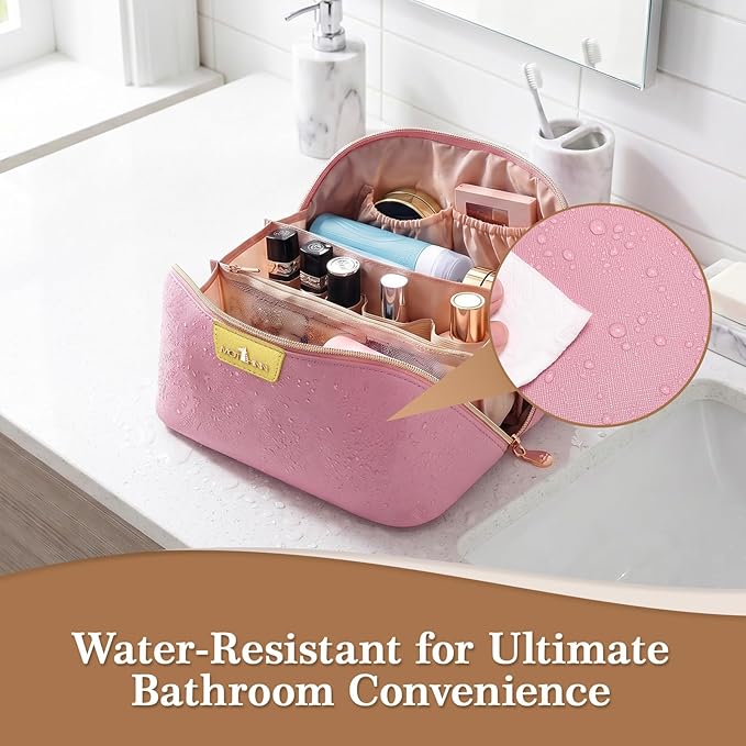 Travel Makeup Bag for Women: 3-in-1 Large Capacity Cosmetics Organizer with 2 Detachable Pouch - Vegan Leather Flat Open Toiletry Bag - Travel Essentials for Full-Sized Bottles(02-Pink)